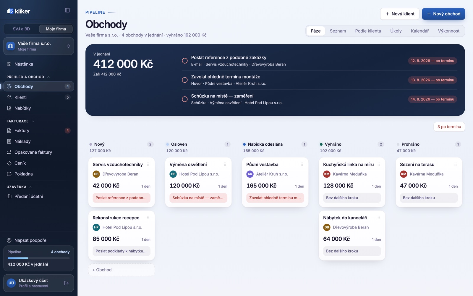 Obchody v demu Klikeru — pipeline s pěti fázemi