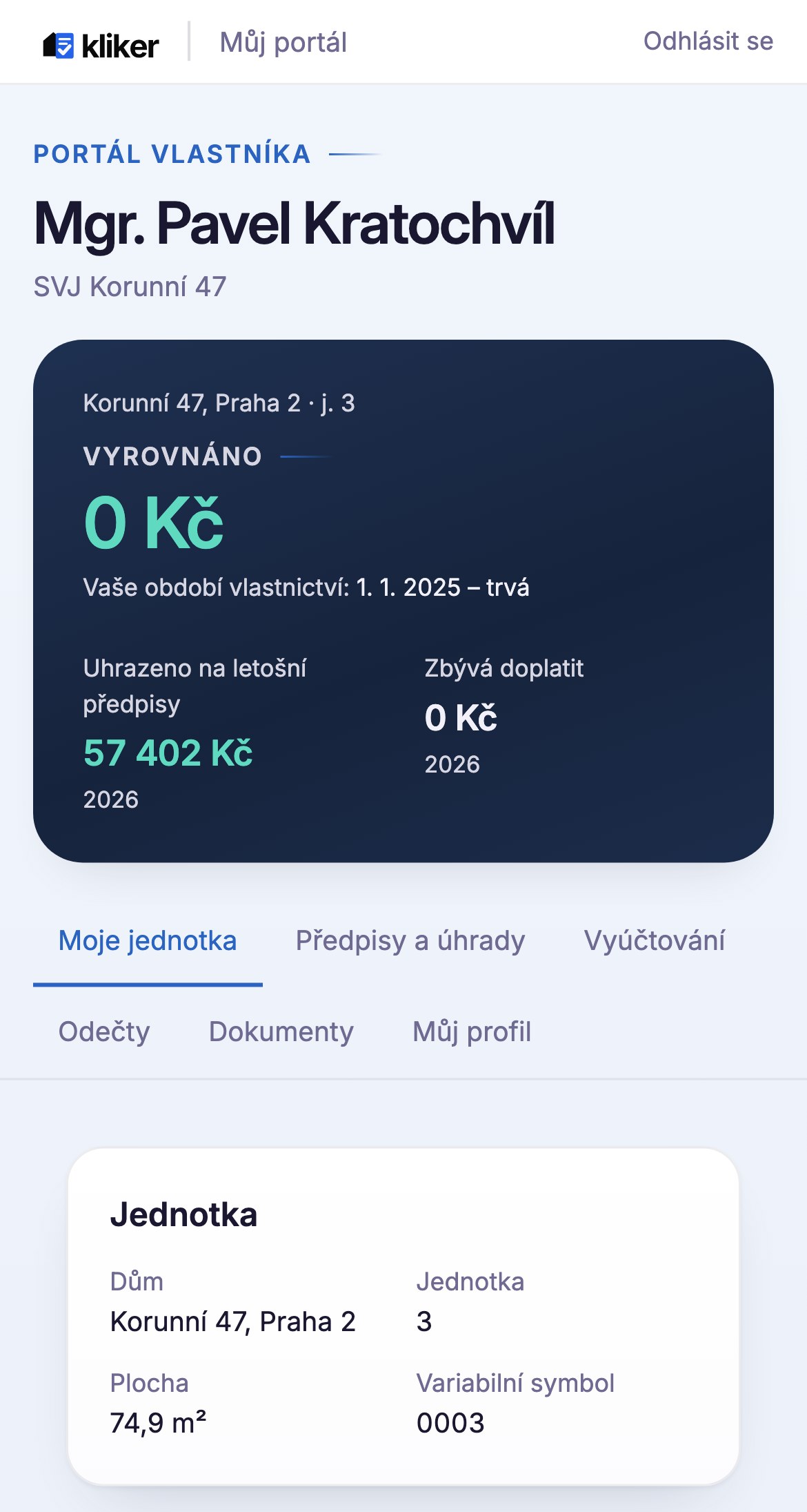 Portál vlastníka na telefonu — SVJ Korunní 47, byt č. 3: vyrovnáno, uhrazeno 57 402 Kč na letošní předpisy a karta jednotky s plochou a variabilním symbolem