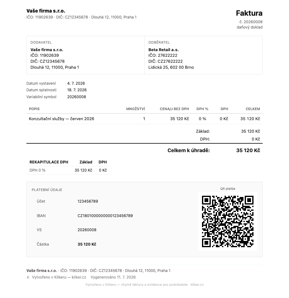 Skutečná faktura z Klikeru — QR platba a rekapitulace DPH
