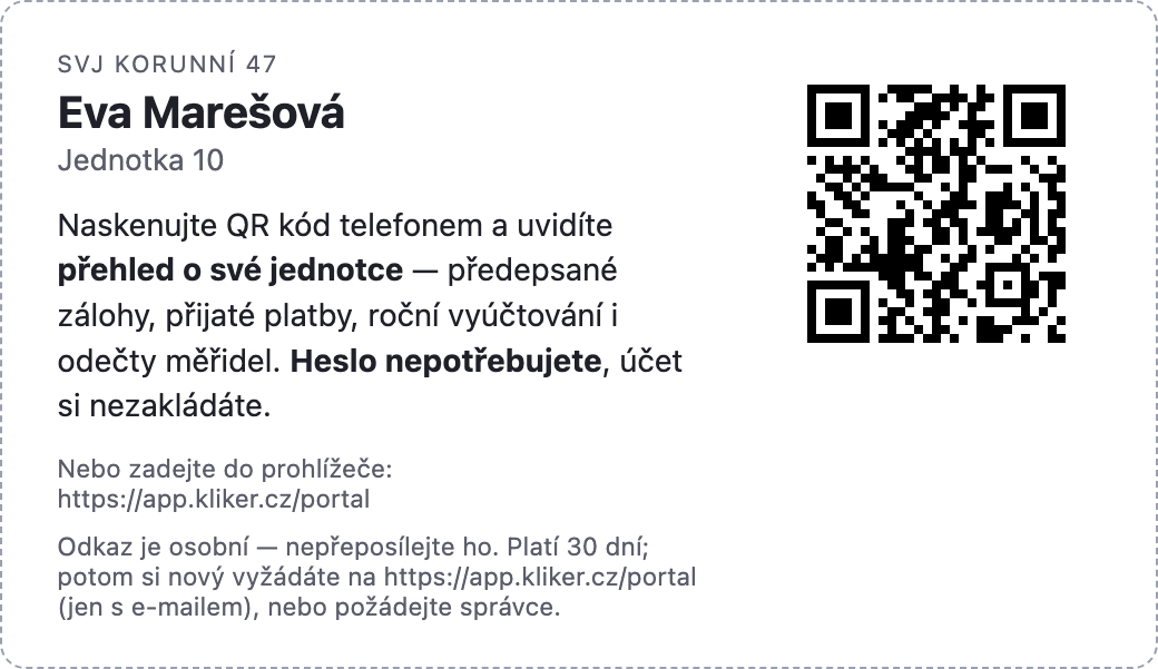 Přístupový lístek do portálu vlastníka — jméno, jednotka, QR kód a adresa portálu, přihlášení bez hesla